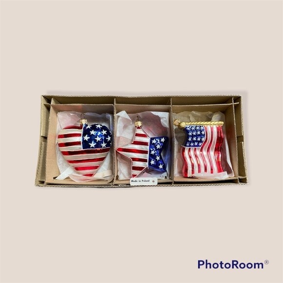 3pc Patriotic Ornaments Poland 2002 Winterthur Museum Flag Star Heart w/ Box - Picture 7 of 8